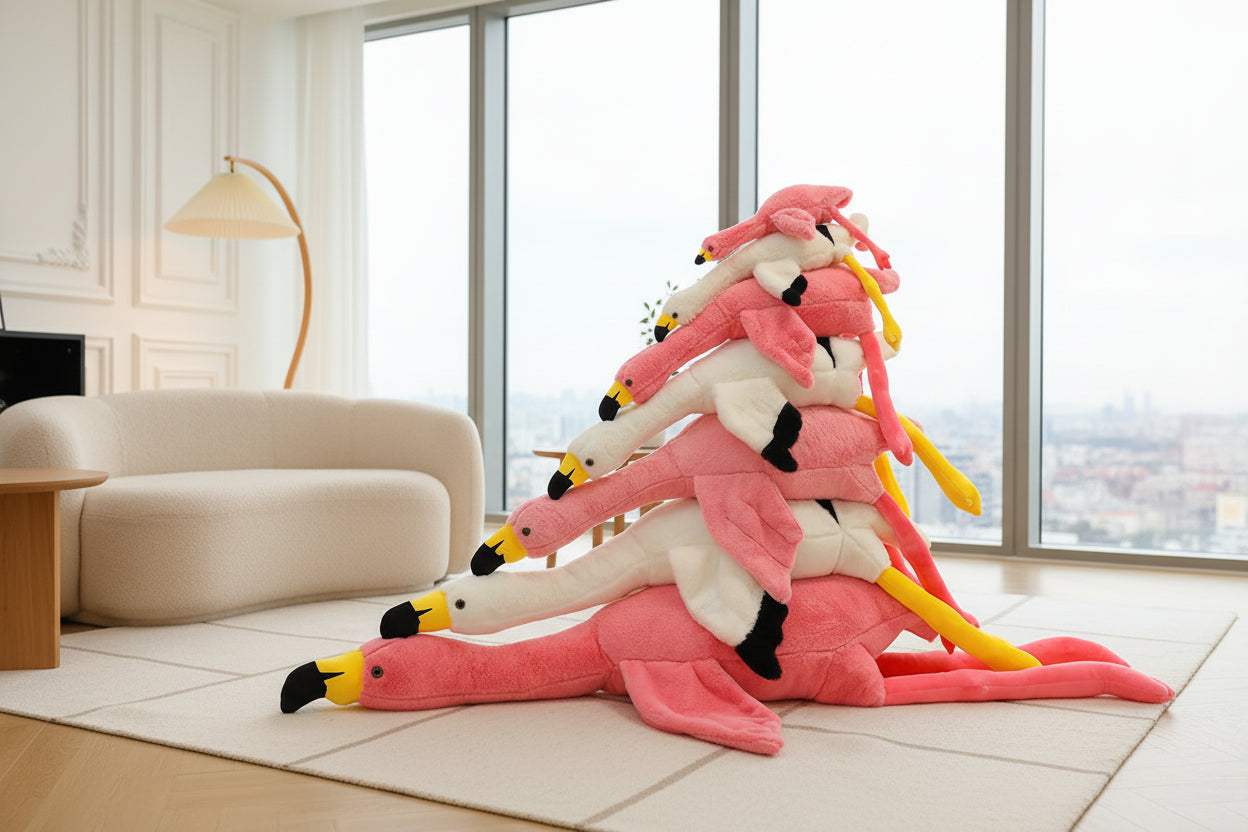 Stack of pink flamingo plush toys displayed in a modern living room setting
