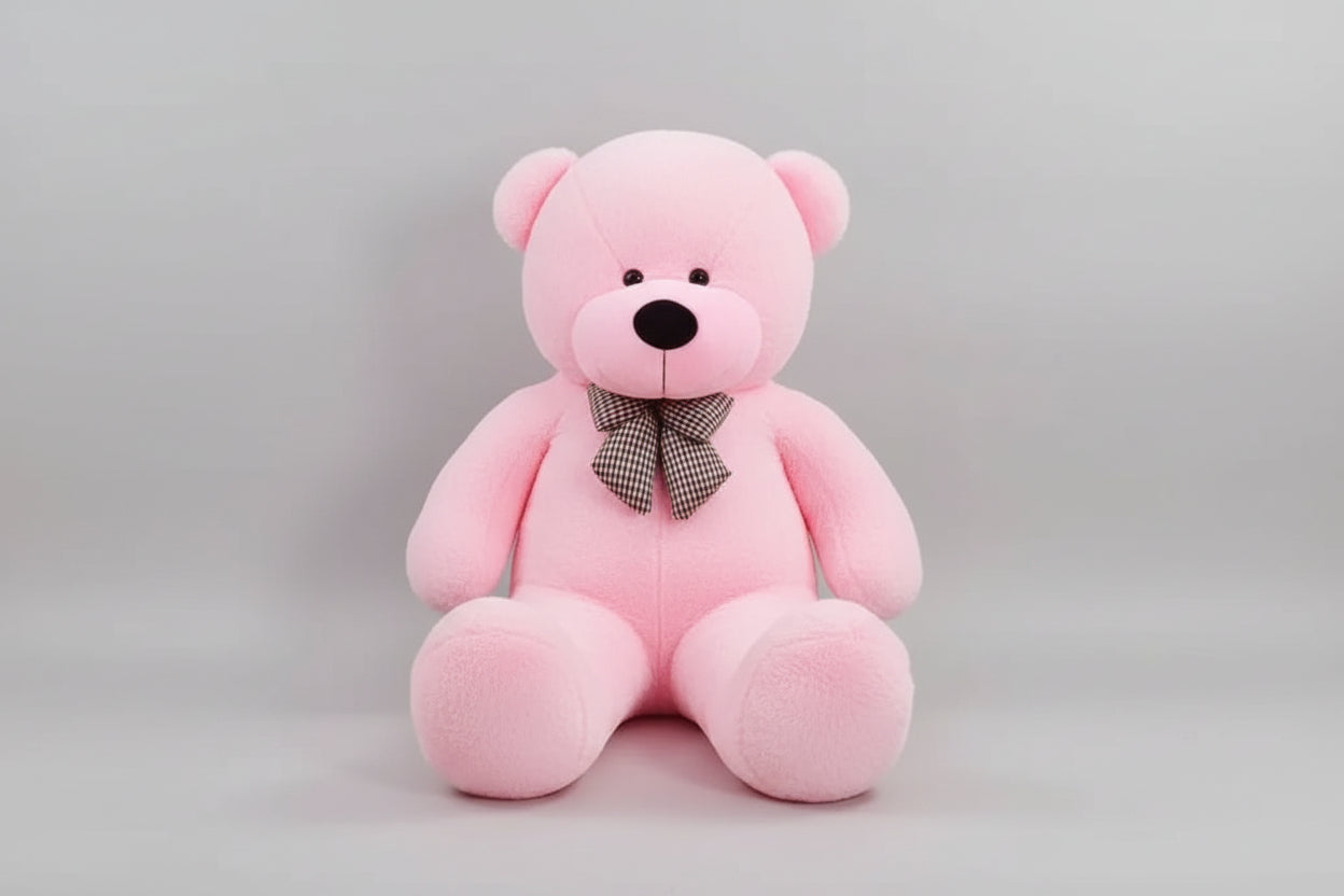 Large pink teddy bear plush toy with decorative bow tie soft stuffed animal gift for children and adults.