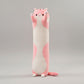 Pink and white standing cat plush toy with raised paws, long body design and cute cartoon face.