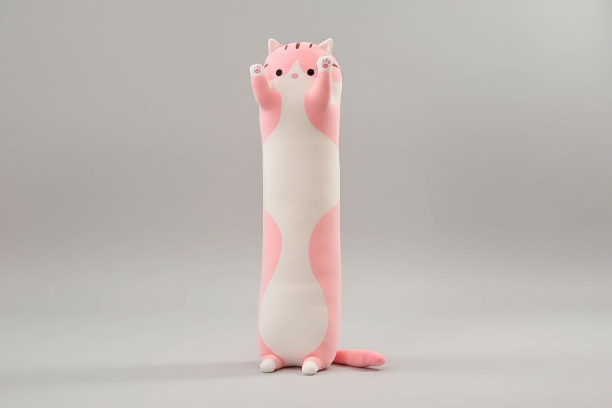 Pink and white standing cat plush toy with raised paws, long body design and cute cartoon face.