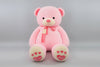 Pink teddy bear plush toy with love heart details, soft scarf and embroidered paw design.