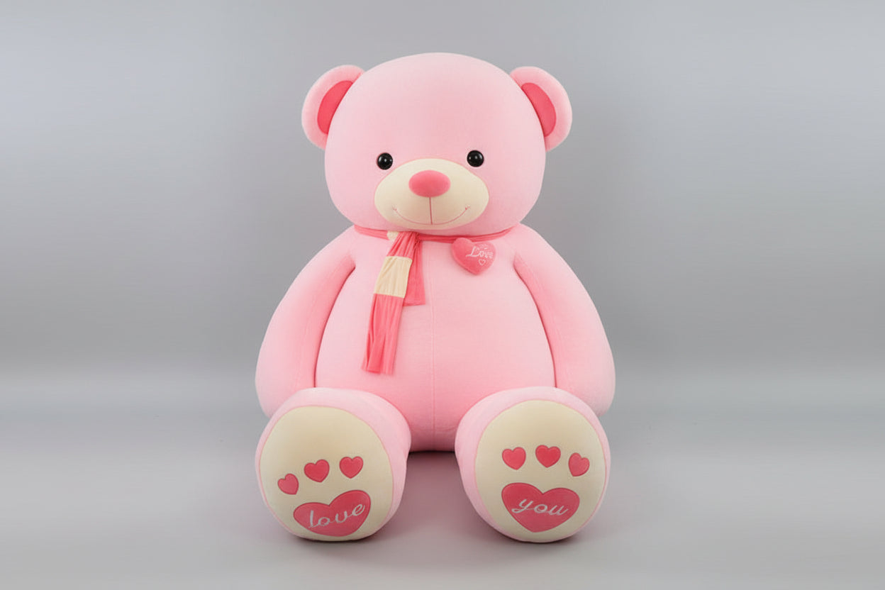 Pink teddy bear plush toy with love heart details, soft scarf and embroidered paw design.