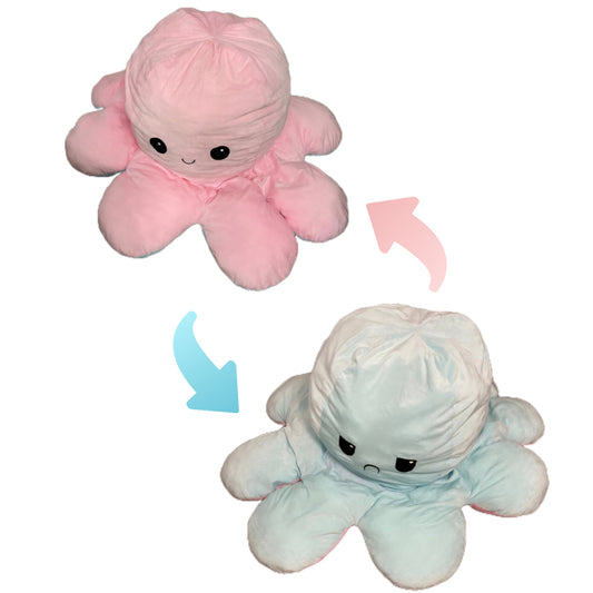 Pink and white reversible octopus plush toy showing happy and angry mood expressions with flip design.
