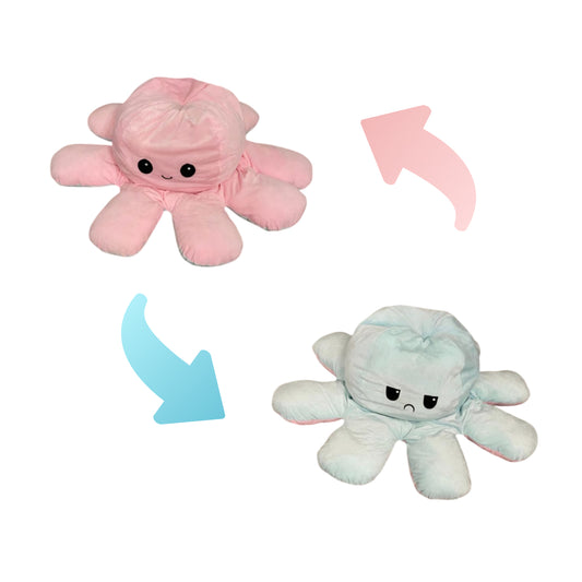 Pink and white reversible octopus plush toy showing happy and angry expressions with colour-changing flip design.