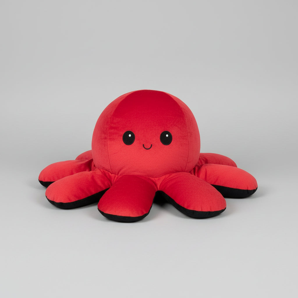 Red and black reversible octopus plush toy with happy expression displayed on a white background.
