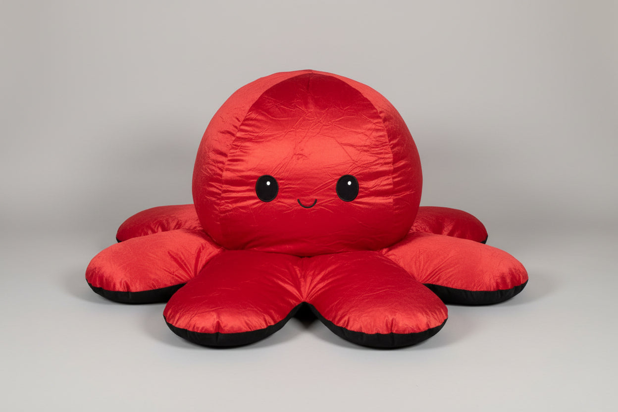 Red and black reversible octopus plush toy with happy face displayed on a white background.
