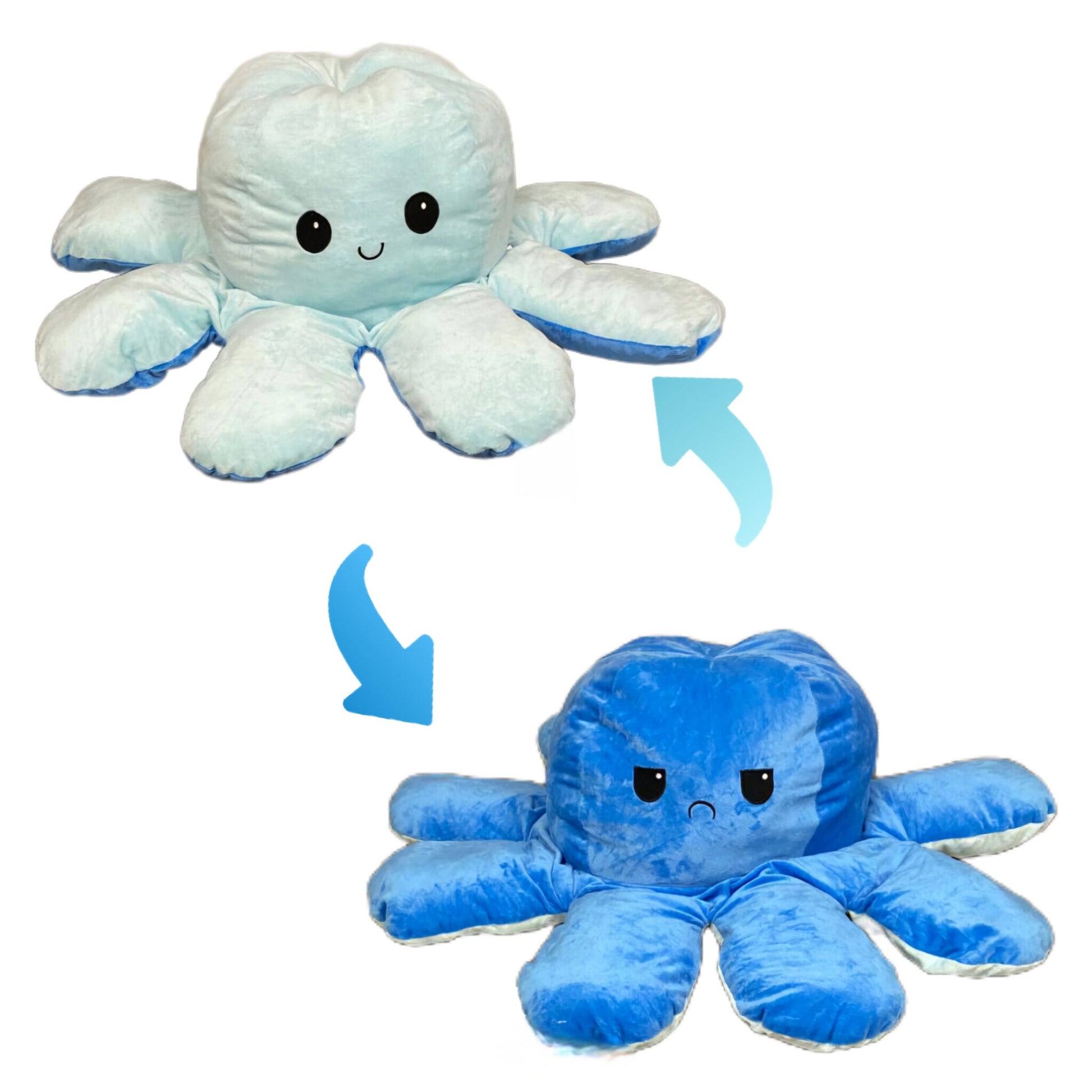 Reversible blue octopus plush toy with happy and angry expressions featuring a flip inside out mood design for children and sensory play.