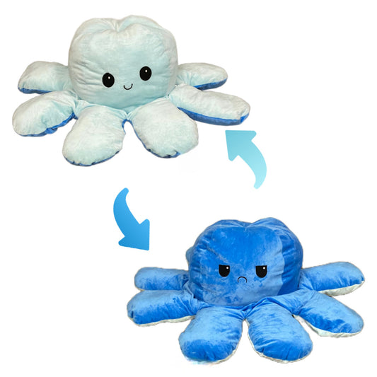 Reversible blue octopus plush toy with happy and angry expressions featuring a flip inside out mood design for children and sensory play.