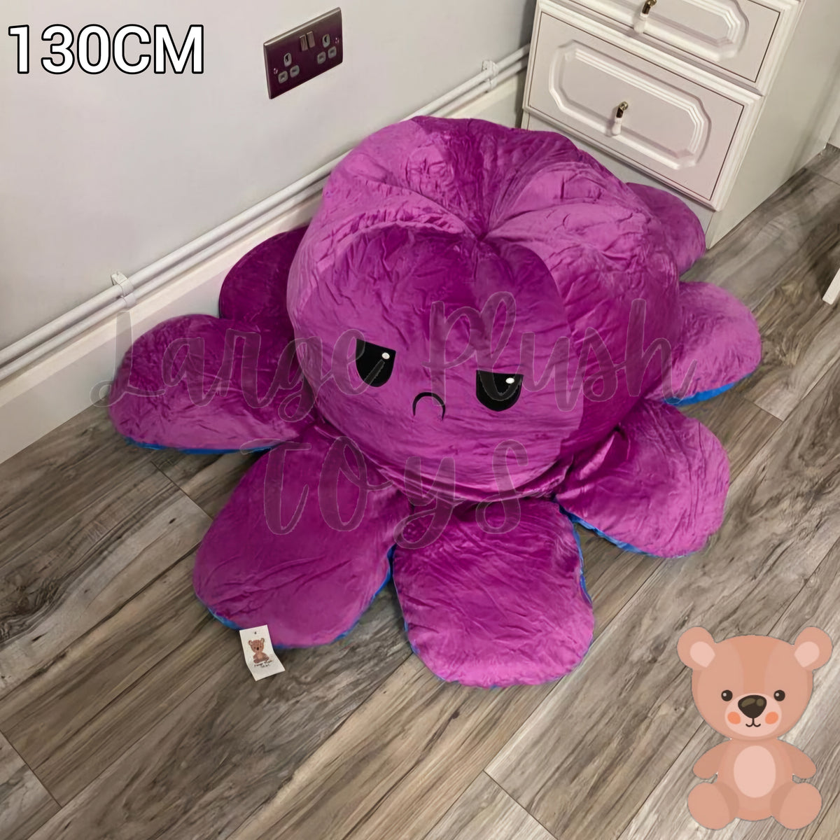 130cm reversible purple octopus plush toy with angry expression, oversized soft stuffed cushion displayed on a wooden floor.