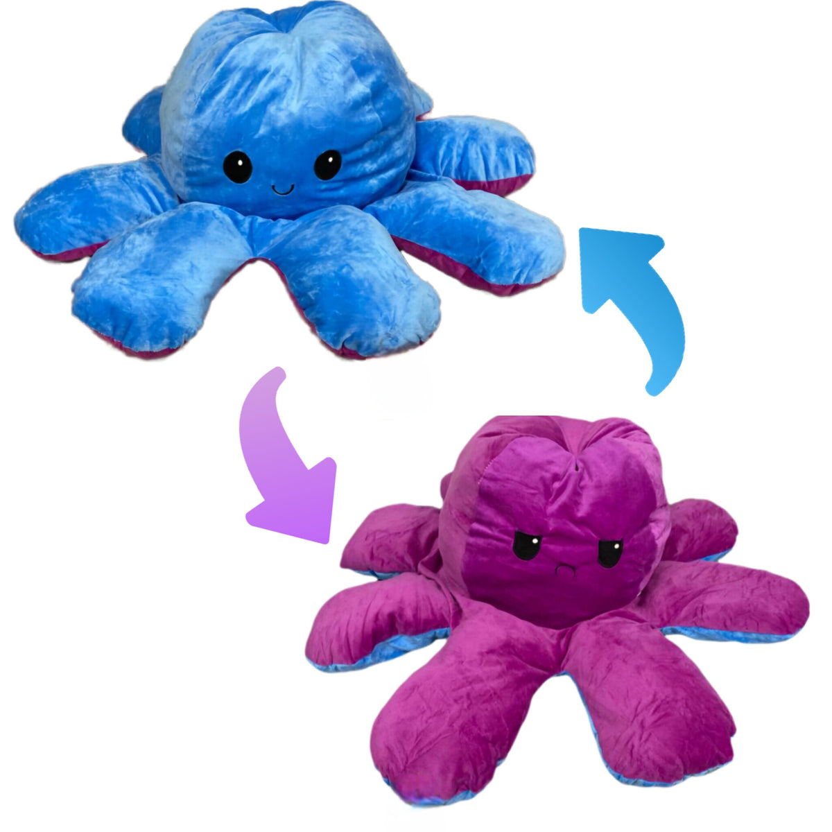 Reversible octopus plush toy featuring a blue happy face and purple angry face, soft flip design for sensory play and emotional expression.
