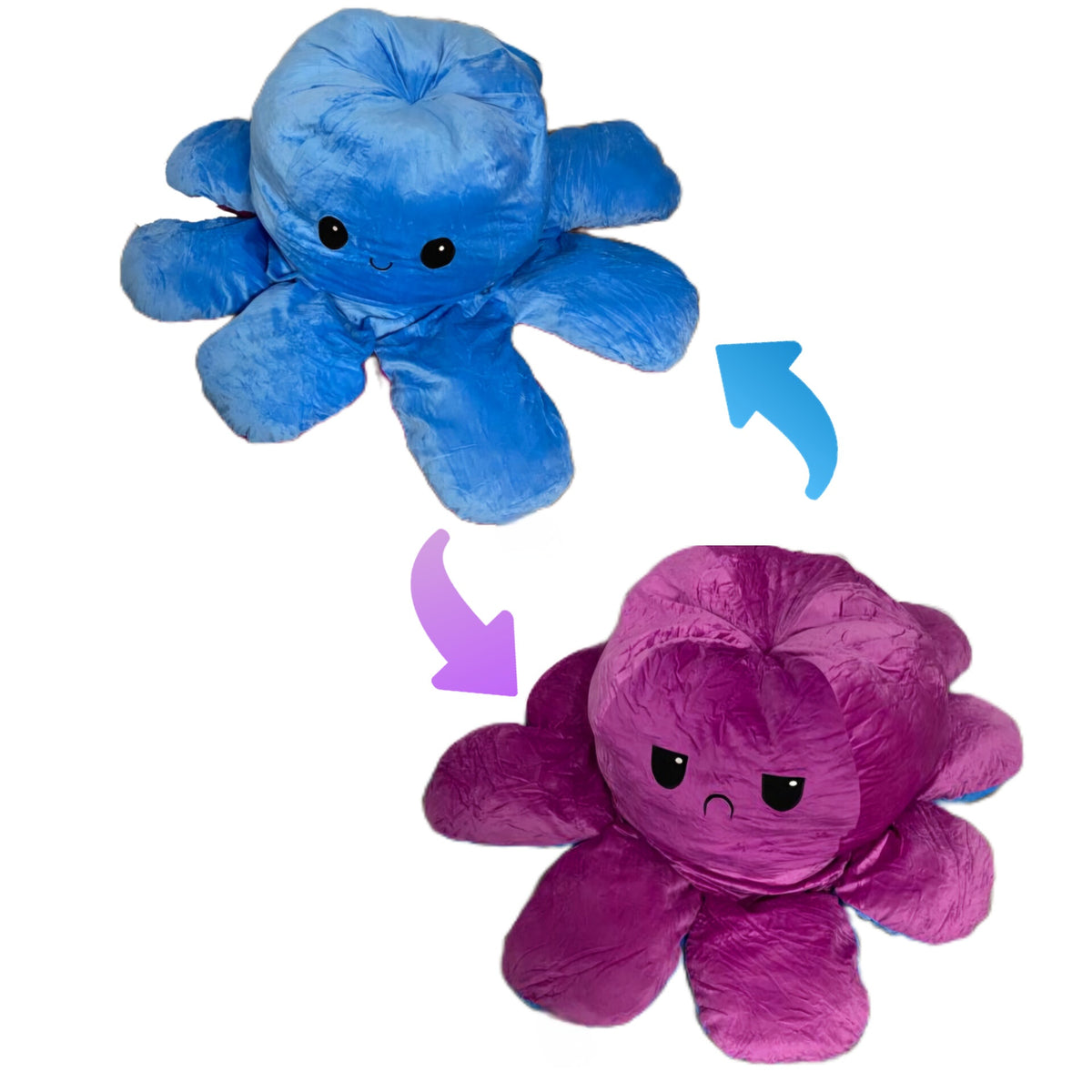 Blue and purple reversible octopus plush toy with happy and angry expressions, flip design stuffed animal for sensory play and emotional communication.