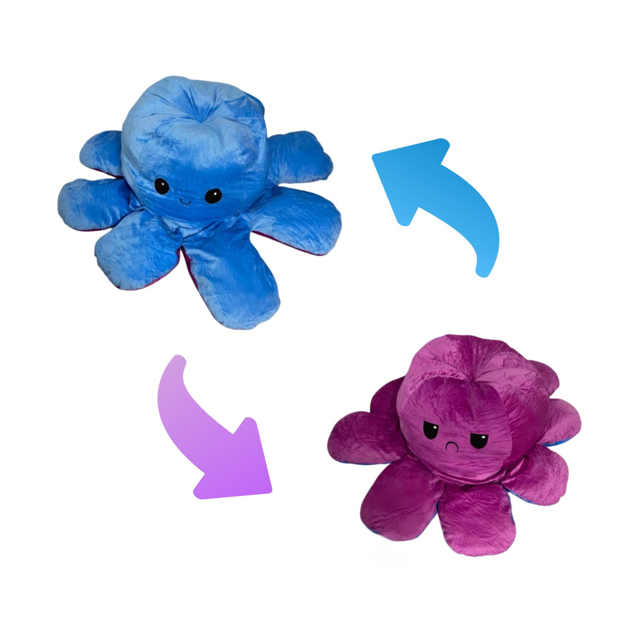 Reversible octopus plush toy showing blue happy and purple angry expressions with flip design for emotional learning and sensory play.