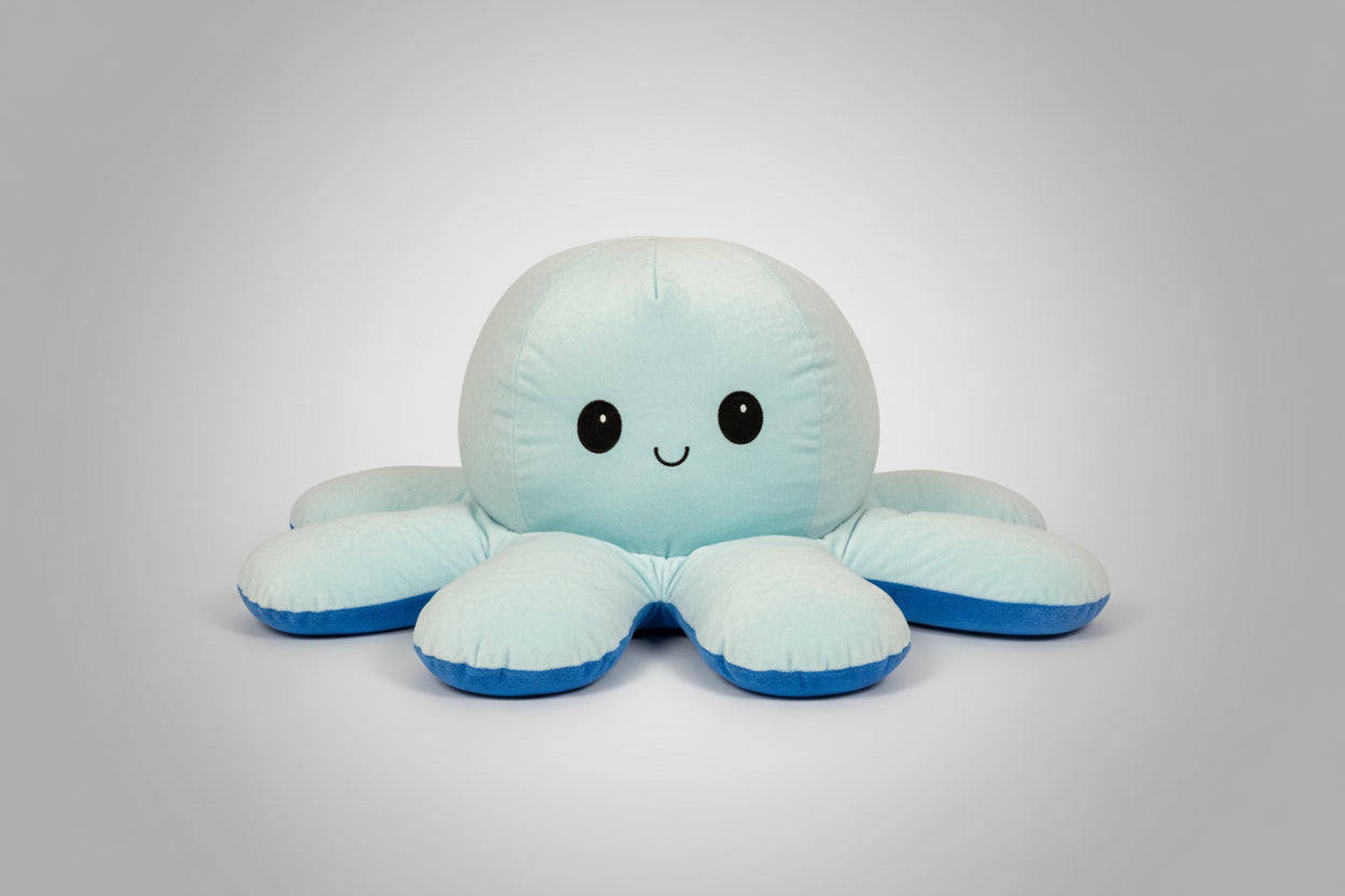 Happy octopus plush toy with soft cushion filling and cute smiling face, ideal for cuddling, sensory comfort and bedroom decoration.