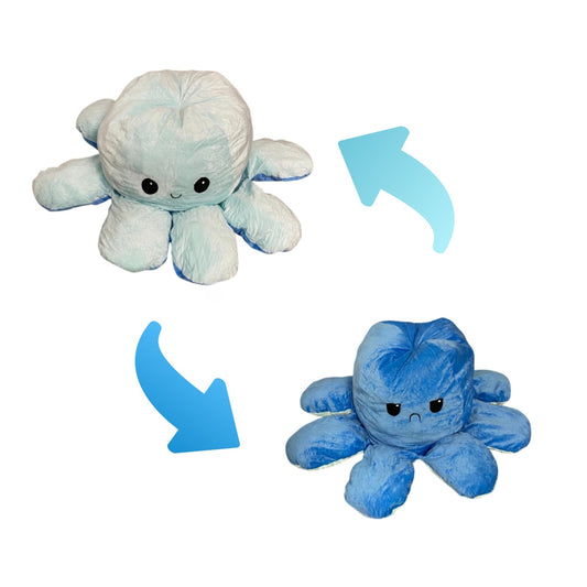 Reversible octopus plush toy showing happy and angry blue expressions with flip inside out design for kids and sensory play