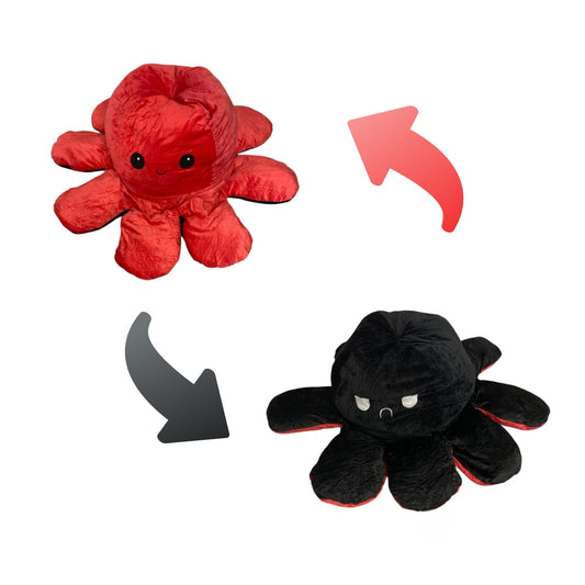 Reversible octopus plush toy showing happy red side and angry black side with flip arrows on a white background.