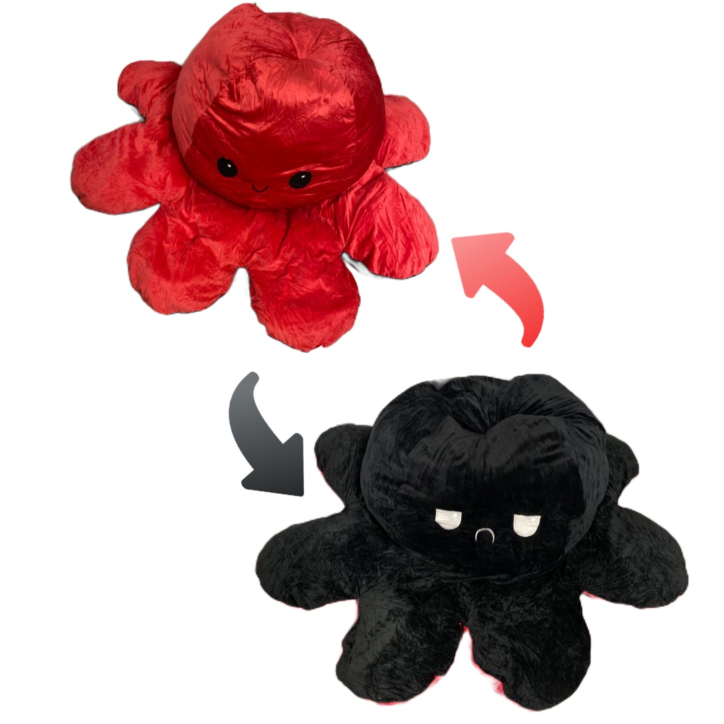 Reversible octopus plush toy showing happy red side and angry black side with arrows demonstrating the flip design.
