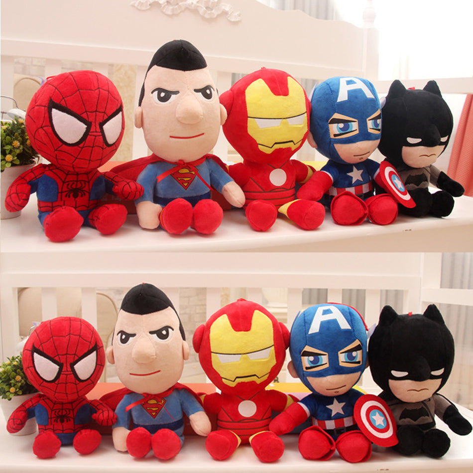 Superhero plush toy set featuring Spiderman Superman Ironman Captain America and Batman characters