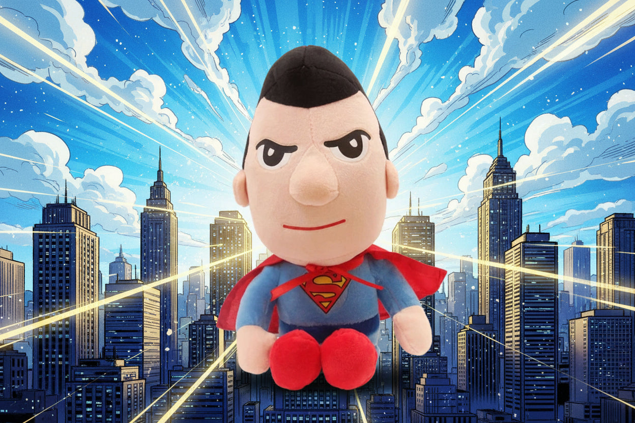 Superman plush toy displayed with superhero city skyline background