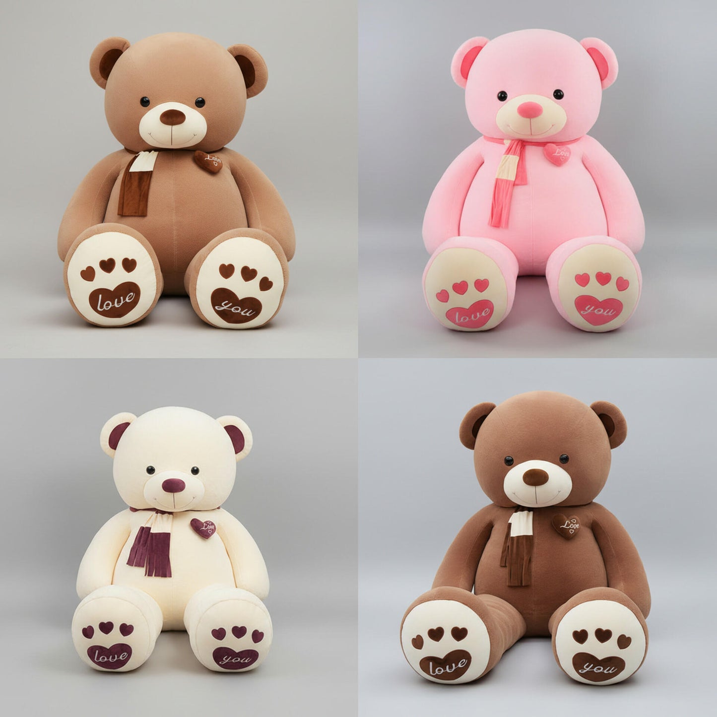 Collection of teddy bear plush toys in pink, cream and brown colours with heart paw details and soft stuffed design.