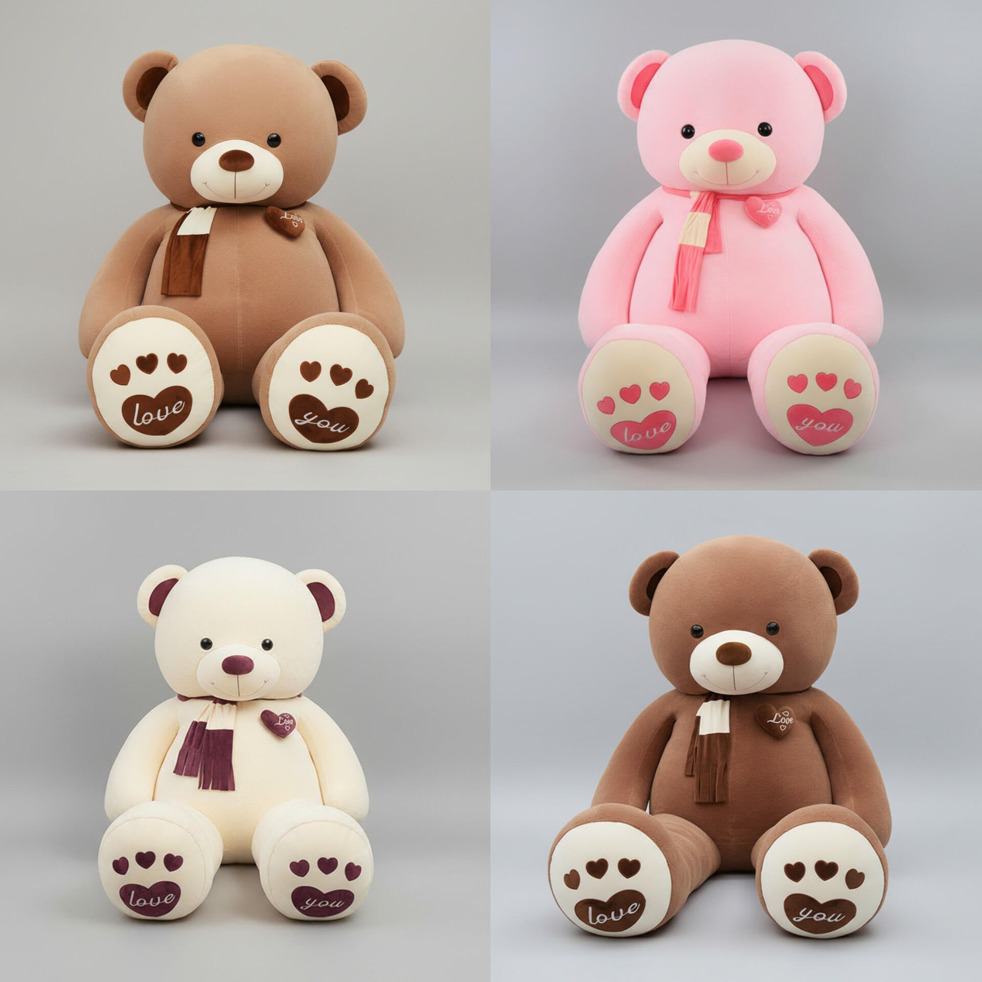 Collection of teddy bear plush toys in pink, cream and brown colours with heart paw details and soft stuffed design.