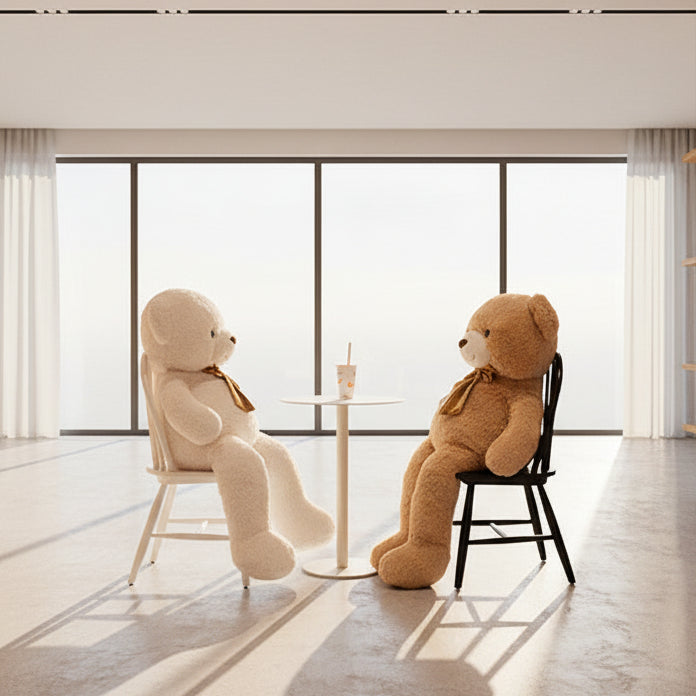 Two teddy bear plush toys sitting across from each other at a small table in a bright modern room with large windows