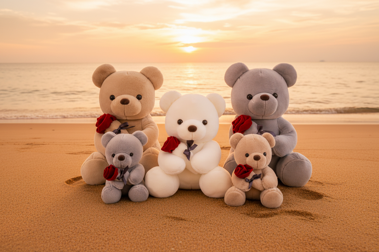 Teddy bear plush toys collection displayed on a beach