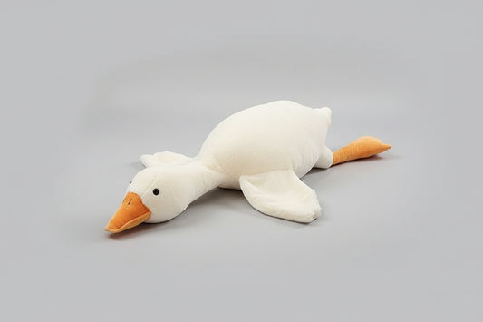 White giant goose plush toy pillow with soft stuffing and long body design for cuddling, sleeping and bedroom decor.