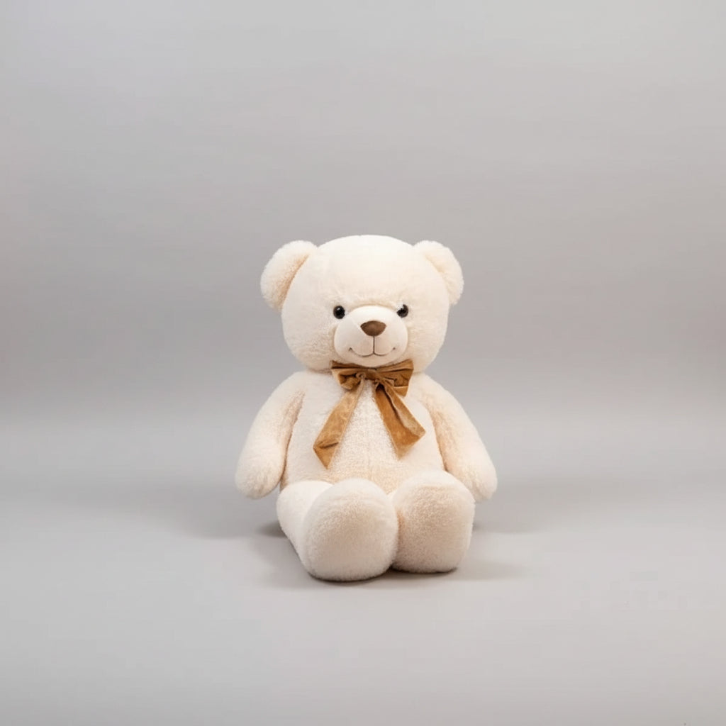 White teddy bear plush toy with a brown ribbon bow sitting on a light grey studio background