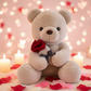 White teddy bear plush toy holding a red rose