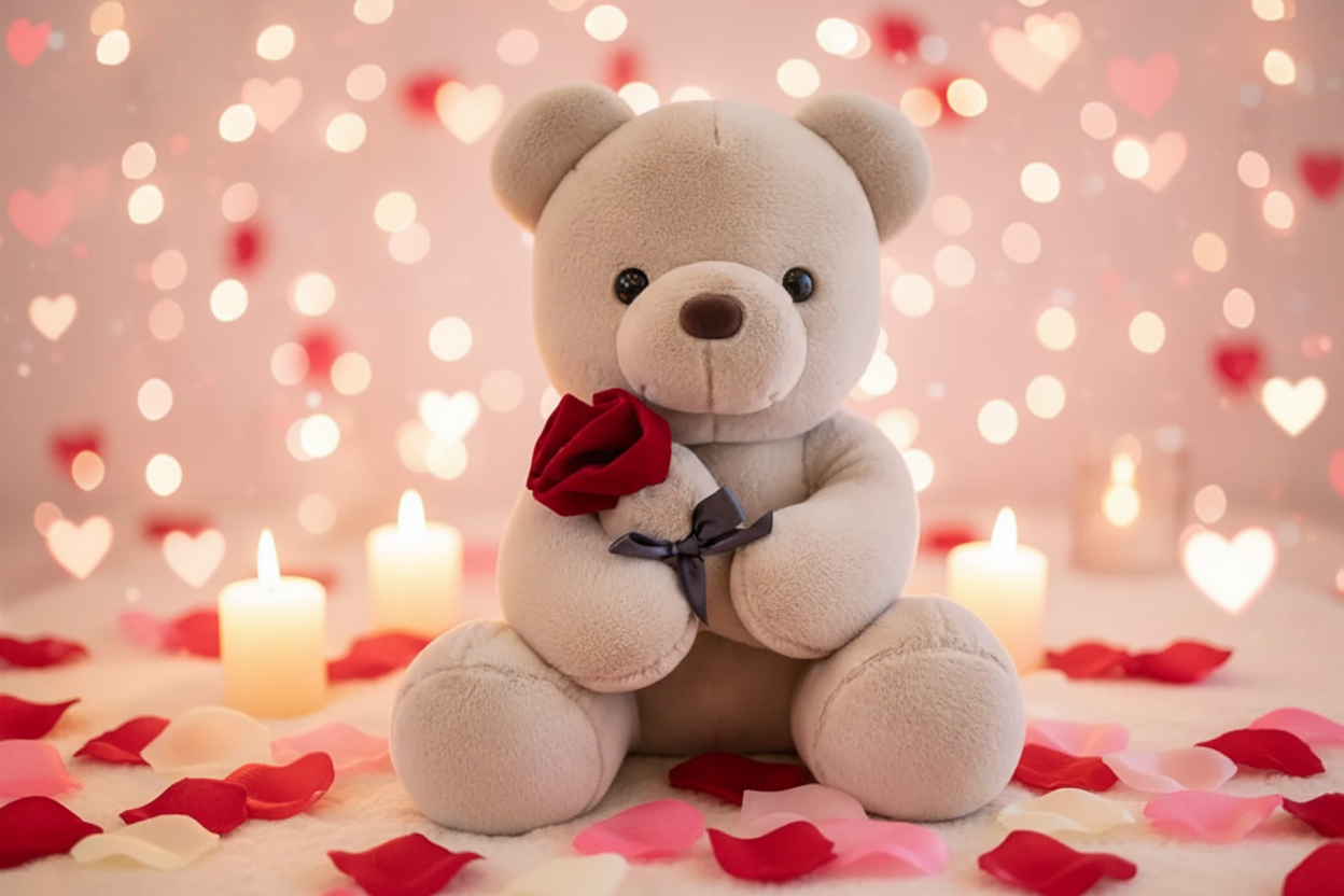 White teddy bear plush toy holding a red rose