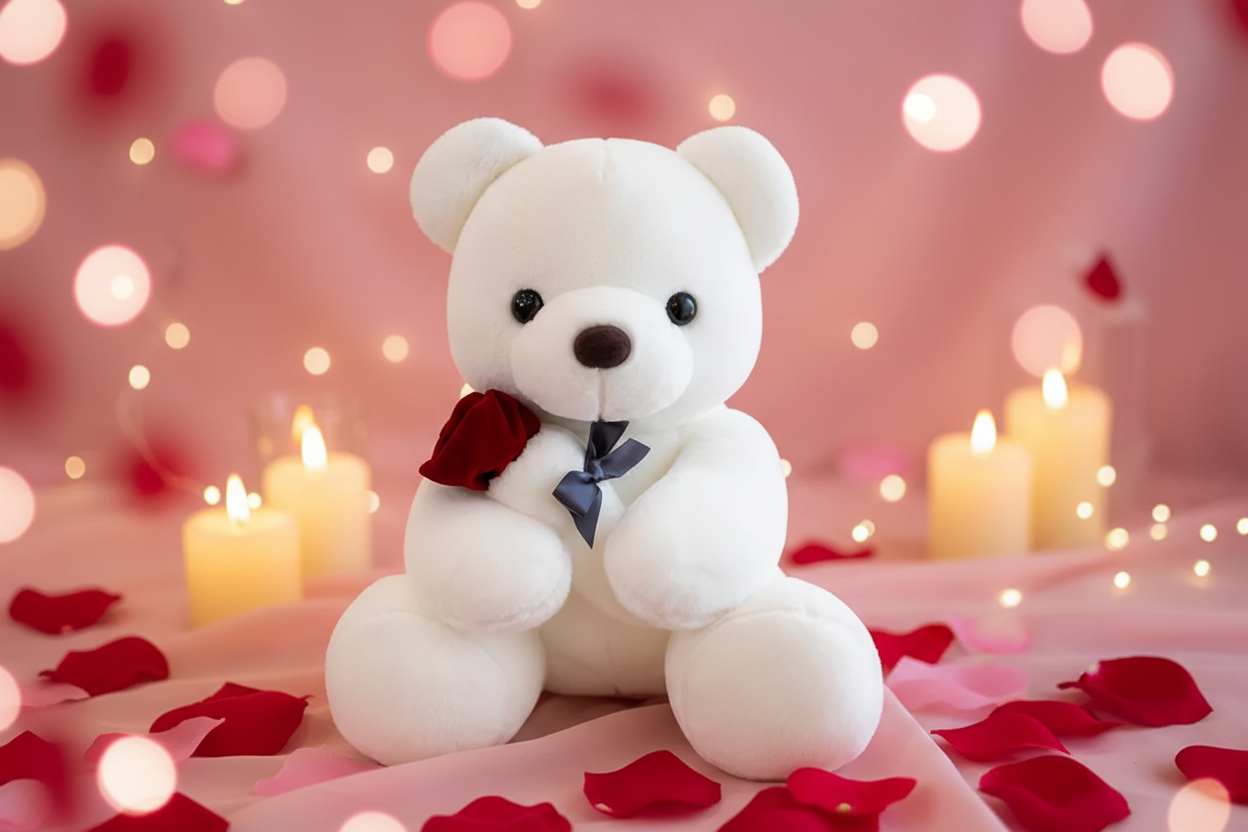 White teddy bear plush toy holding a red rose