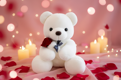 White teddy bear plush toy holding a red rose