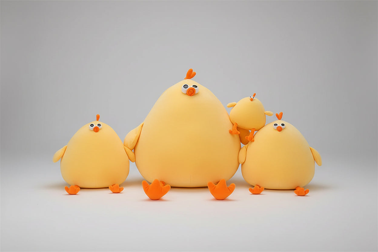 Yellow chicken family plush toy set featuring soft stuffed chicks in multiple sizes with cute cartoon faces.