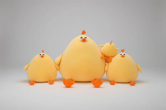 Yellow chicken family plush toy set featuring soft stuffed chicks in multiple sizes with cute cartoon faces.