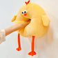 Yellow chicken plush neck pillow with soft cushion design, cartoon face and dangling legs for travel comfort.