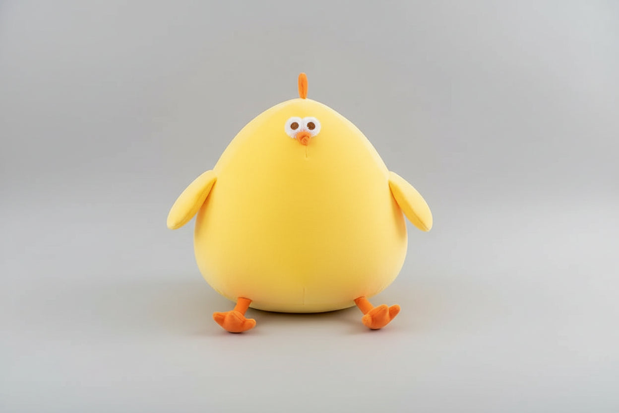 Yellow chicken plush toy front view with soft stuffed body, orange feet and cute cartoon face.