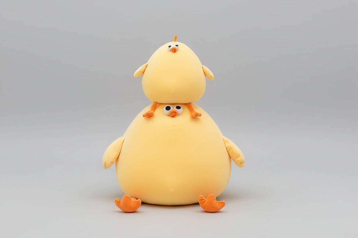 Stacked yellow chicken plush toy family set featuring large and small soft stuffed chickens with orange feet.