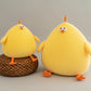 Two yellow chicken plush toys with soft stuffed bodies, one sitting on a woven cushion and one sitting beside it.