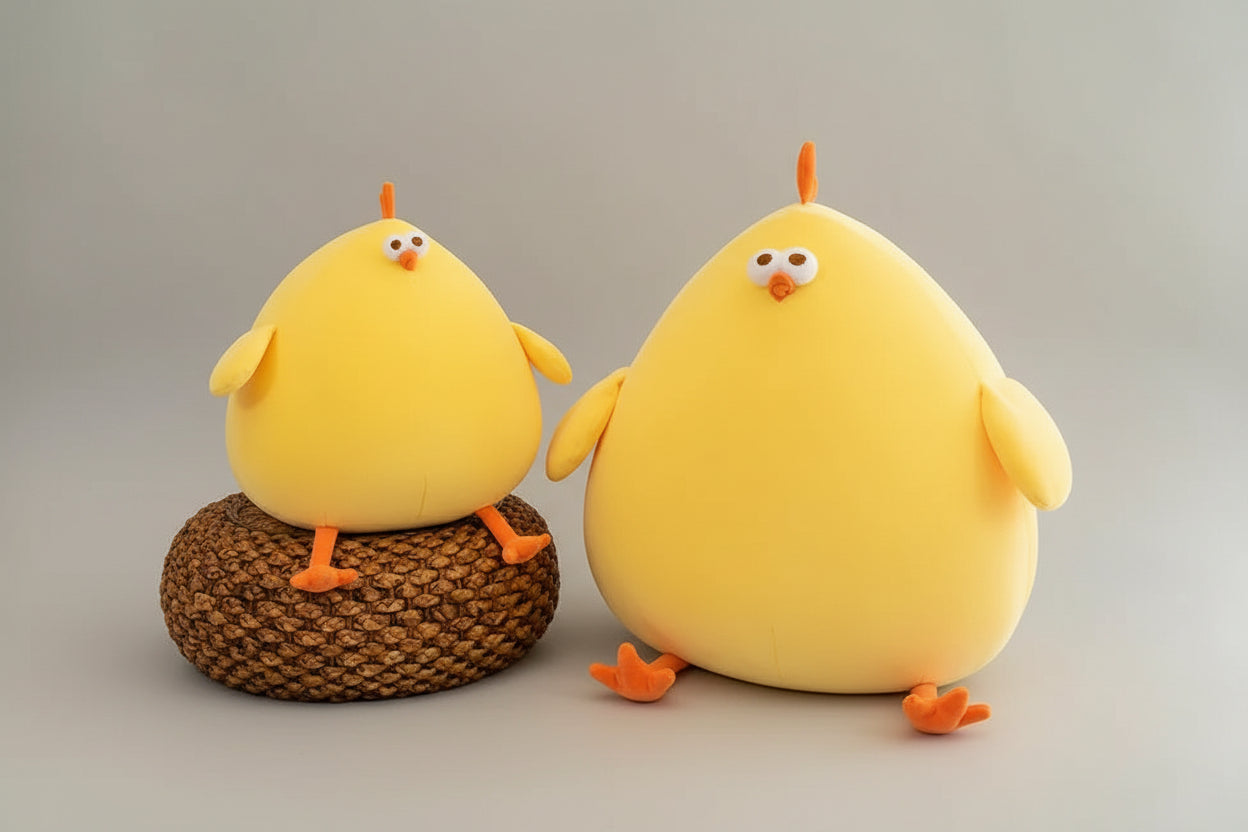 Two yellow chicken plush toys with soft stuffed bodies, one sitting on a woven cushion and one sitting beside it.