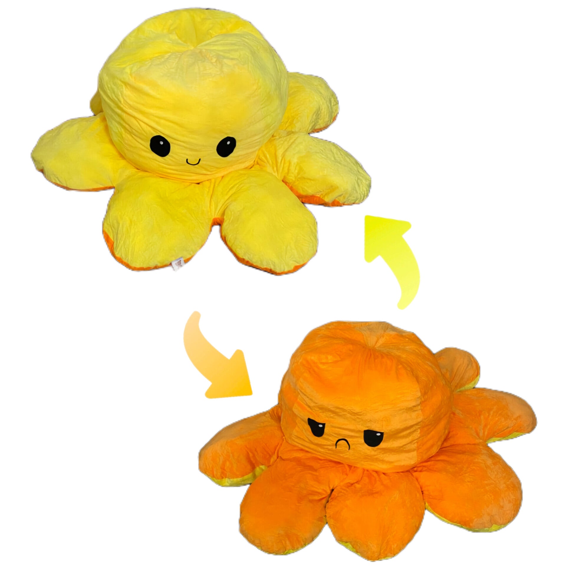 Yellow and orange reversible octopus plush toy displaying happy and sad expressions on a white background.