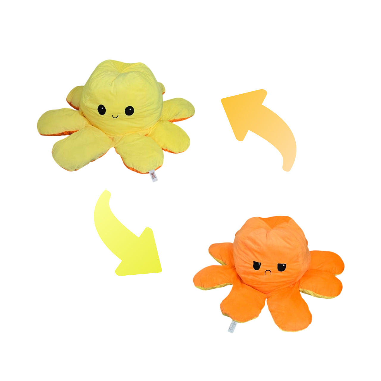 Yellow and orange reversible octopus plush toy showing happy and sad expressions on a white background.